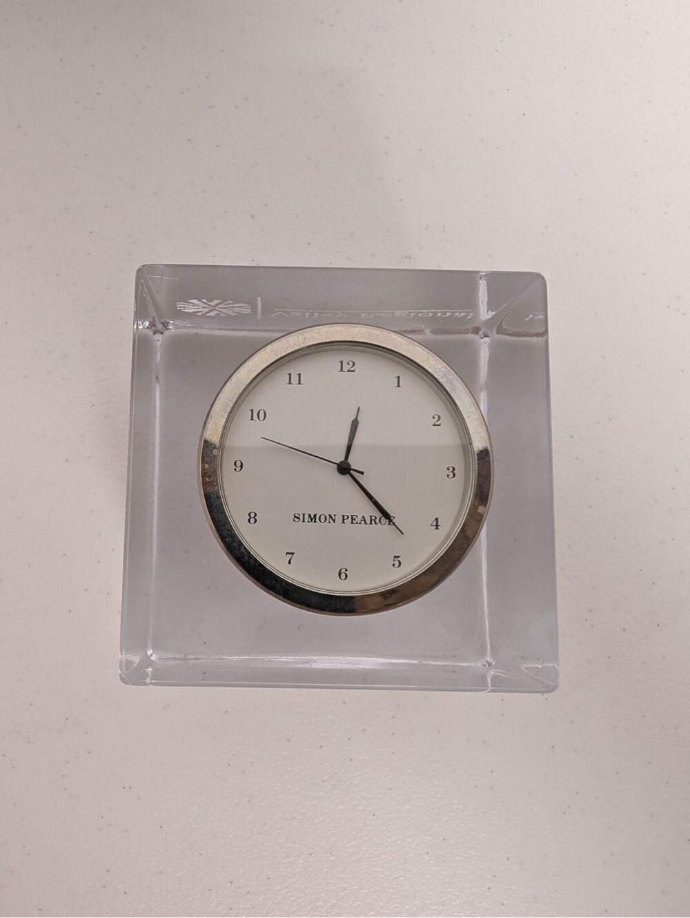 Simon Pearce Woodbury Glass Desk Clock/Paper Weight Engraved "Valley Regional"